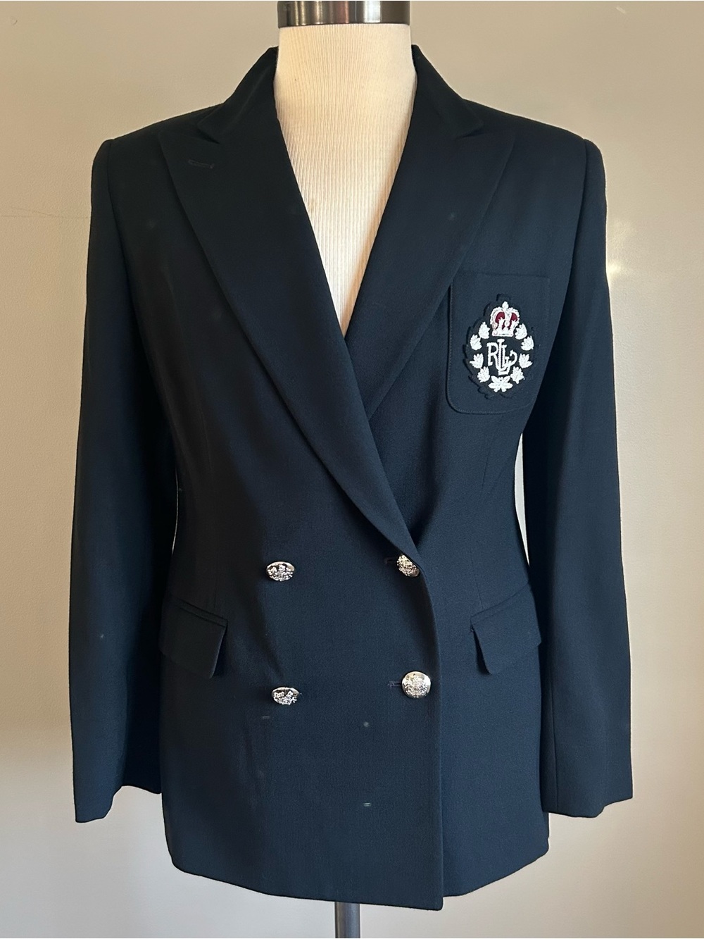Vtg Ralph Lauren Made in USA 100% Worsted Wool Crest Blazer Black Womens 10